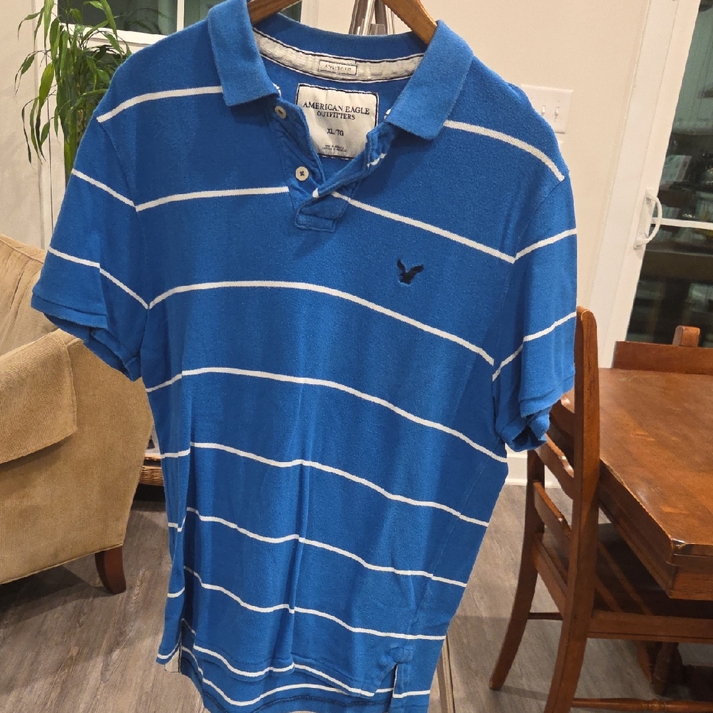 American Eagle Outfitters Blue and White Polo Shirt